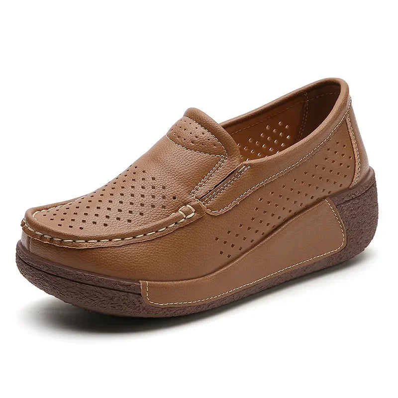 Spring and Summer Women Fashion Loafers Genuine Leather Moccasins Autumn Slip-on Casual Round Toe Wedge Platform Rocking Shoes