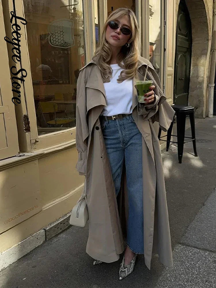 Solid Lace Up Long Trench Coat Women Chic Full Sleeves Lapel Single Breasted Loose Outerwear 2026 Lady Spring High Street Wear