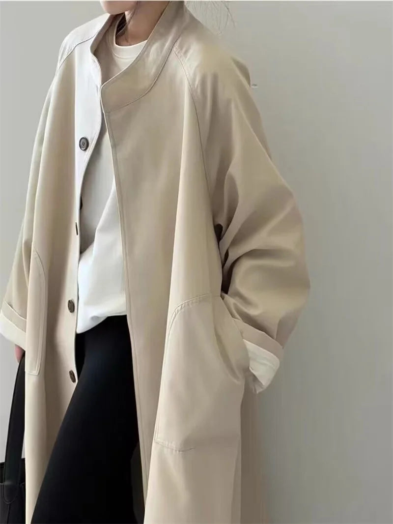 Spring and Autumn Standing Collar Mid Length Trench Coat Women's Loose Casual Slimming Coat Flip Collar single Breasted Jackets