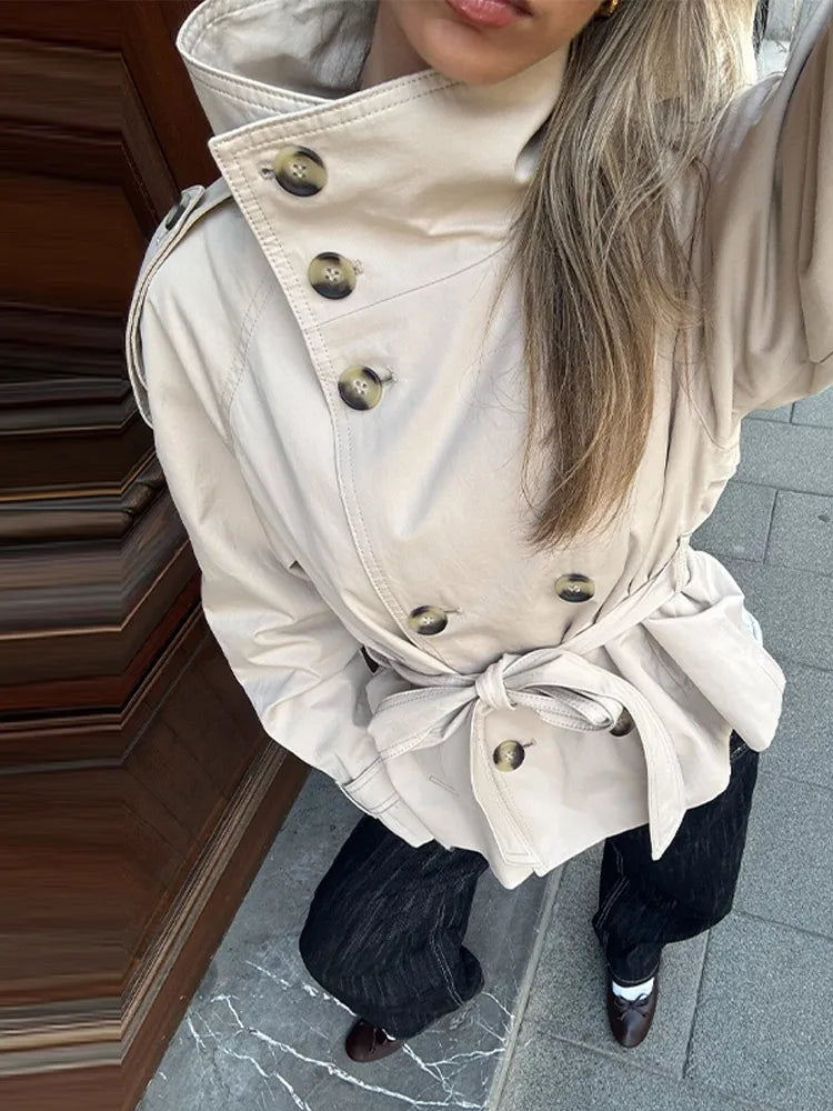 Trench Coat Women's Coats Stand Collar Top Double Breasted Buttons Jacket Self-Tie Belt Spring Daily Outerwear Woman Clothes