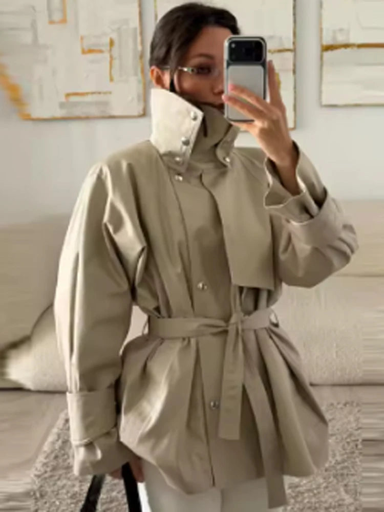 Solid Lace Up Long Trench Coat Women Chic Full Sleeves Lapel Single Breasted Loose Outerwear 2026 Lady Spring High Street Wear