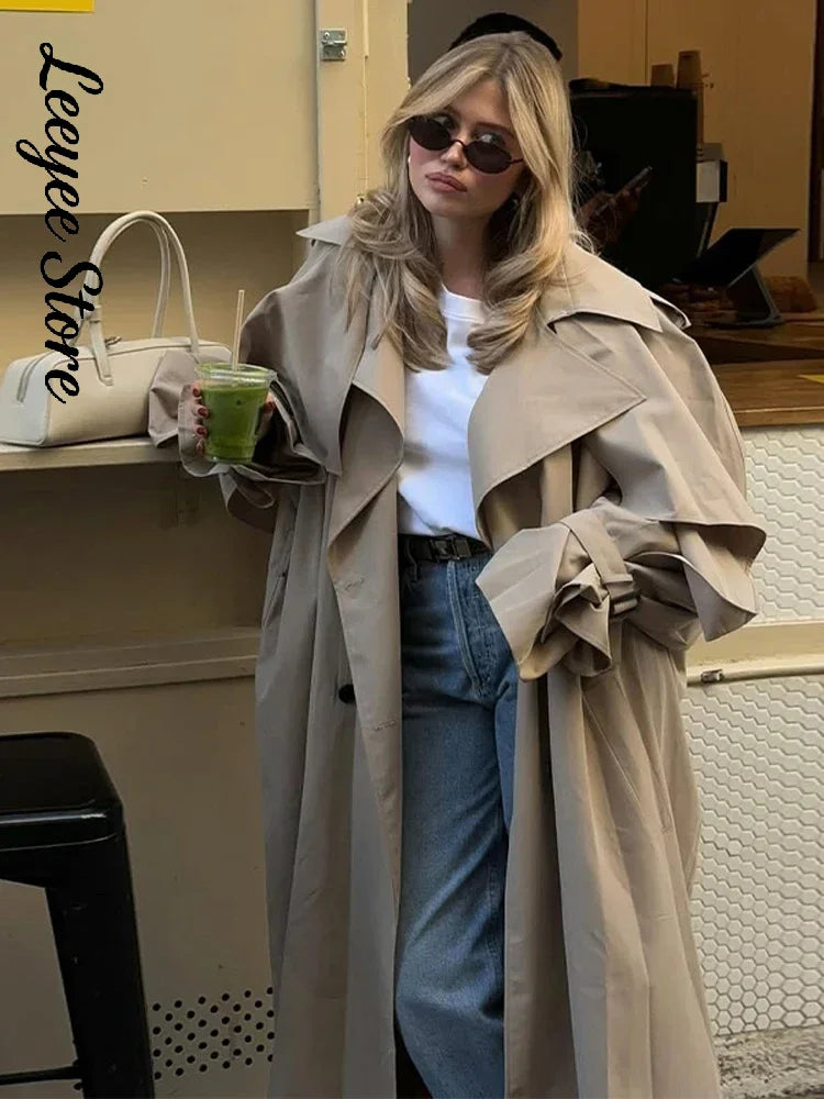 Solid Lace Up Long Trench Coat Women Chic Full Sleeves Lapel Single Breasted Loose Outerwear 2026 Lady Spring High Street Wear