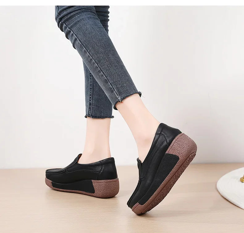 Spring and Summer Women Fashion Loafers Genuine Leather Moccasins Autumn Slip-on Casual Round Toe Wedge Platform Rocking Shoes