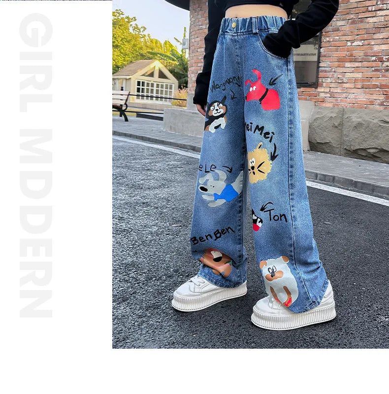 New 2024 Teenage Girls Blue Street Cartoon Print Elastic Mid Waist Loose Denim Jeans Spring Fashion Children Cute Wide Leg Pants