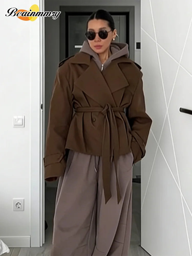 Cropped Lace-up Blue Casual Trench Coat Women Lapel Long Sleeve Wide Shoulder Windbreaker Jacket Fall Commute Daily Streetwear