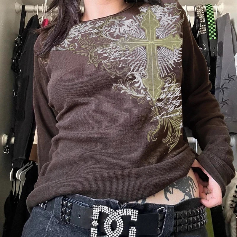 Y2K Skull Graphic Long Sleeve Top