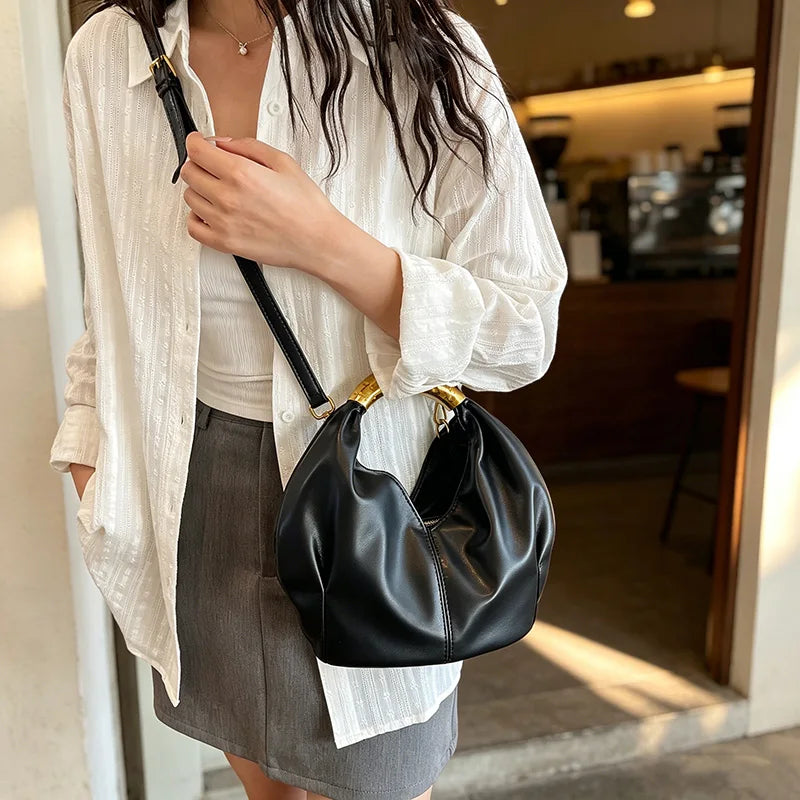 MOODS Retro Gold Ring Handle Women Hobo Bag Soft Vegan Leather Shoulder Crossbody Purse Elegant Luxury Handbag For Evening Party