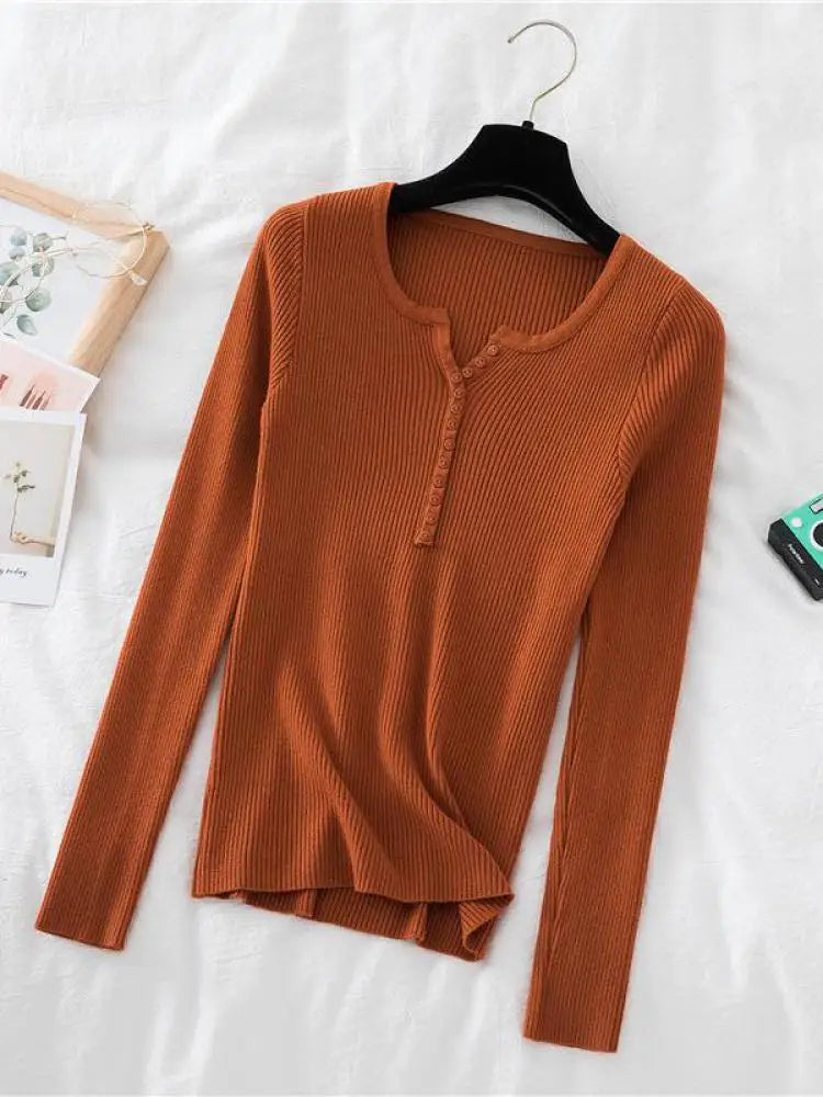 2026 Autumn Winter Button V Neck Sweater Women Basic Slim Pullover Women Sweaters And Pullovers Knit Jumper Soft Warm Tops