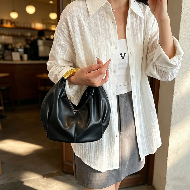 MOODS Retro Gold Ring Handle Women Hobo Bag Soft Vegan Leather Shoulder Crossbody Purse Elegant Luxury Handbag For Evening Party