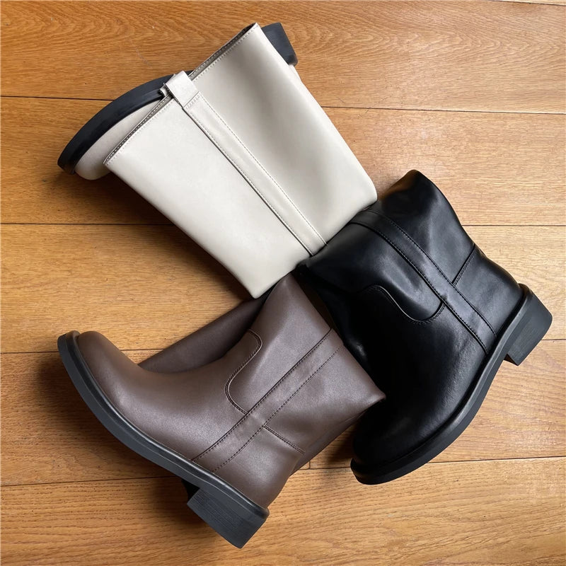 INS Plus Size 34-43 New Fashion Full Genuine Leather Boots Women Slip On Knee High Boots Autumn Winter Straight Knight Botas