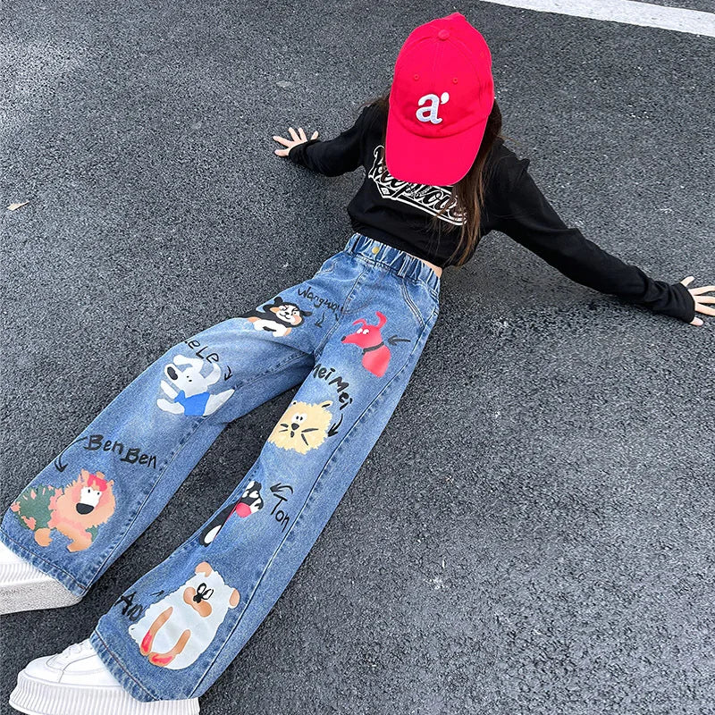 New 2024 Teenage Girls Blue Street Cartoon Print Elastic Mid Waist Loose Denim Jeans Spring Fashion Children Cute Wide Leg Pants