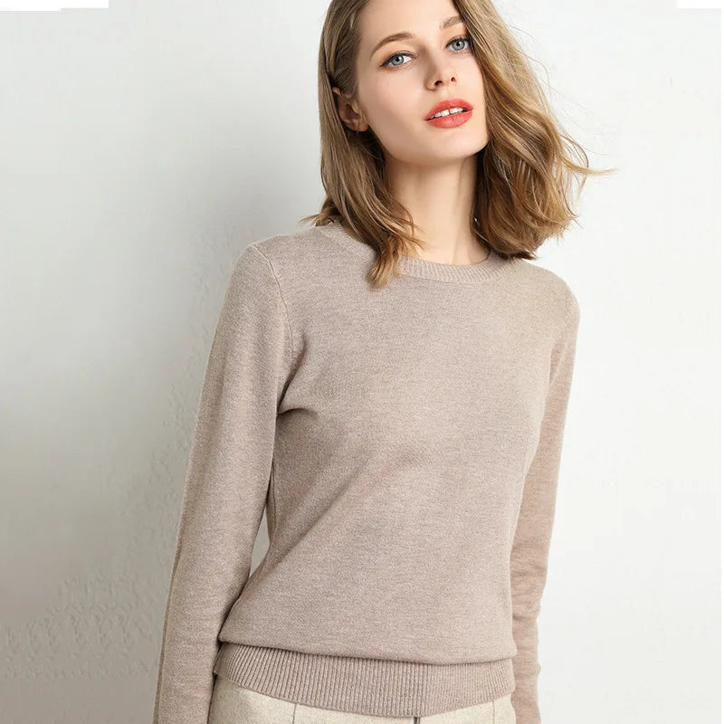 Women Slim ONeck Solid Pullover Cashmere Wool Blending Sweater Autumn And Winter Long-Sleeved Knit Bottoming Shirt Large Size