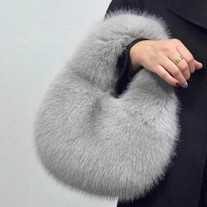 Women's Winter Casual Furry Shoulder Bag Soft Plush Solid Color Clutch Purse Lightweight Female Hobos Handbag