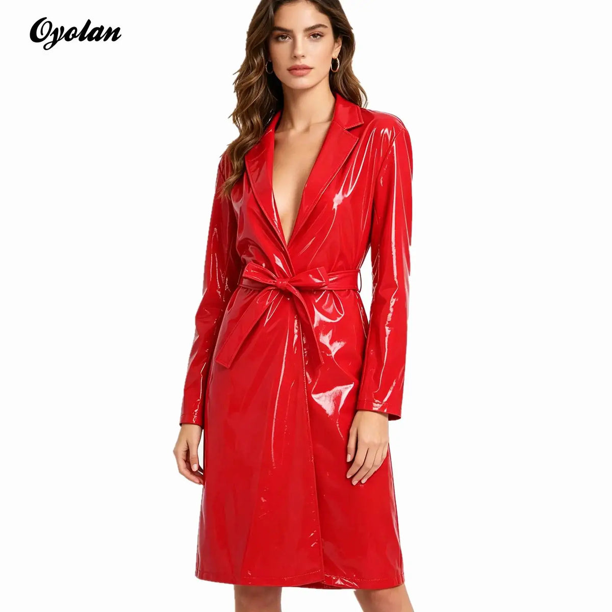 Adults Womens Long Trench Coat Blazer Clubwear Lapel Glossy Open Front PU Leather Long Jackets with Belt Overcoat Streetwear