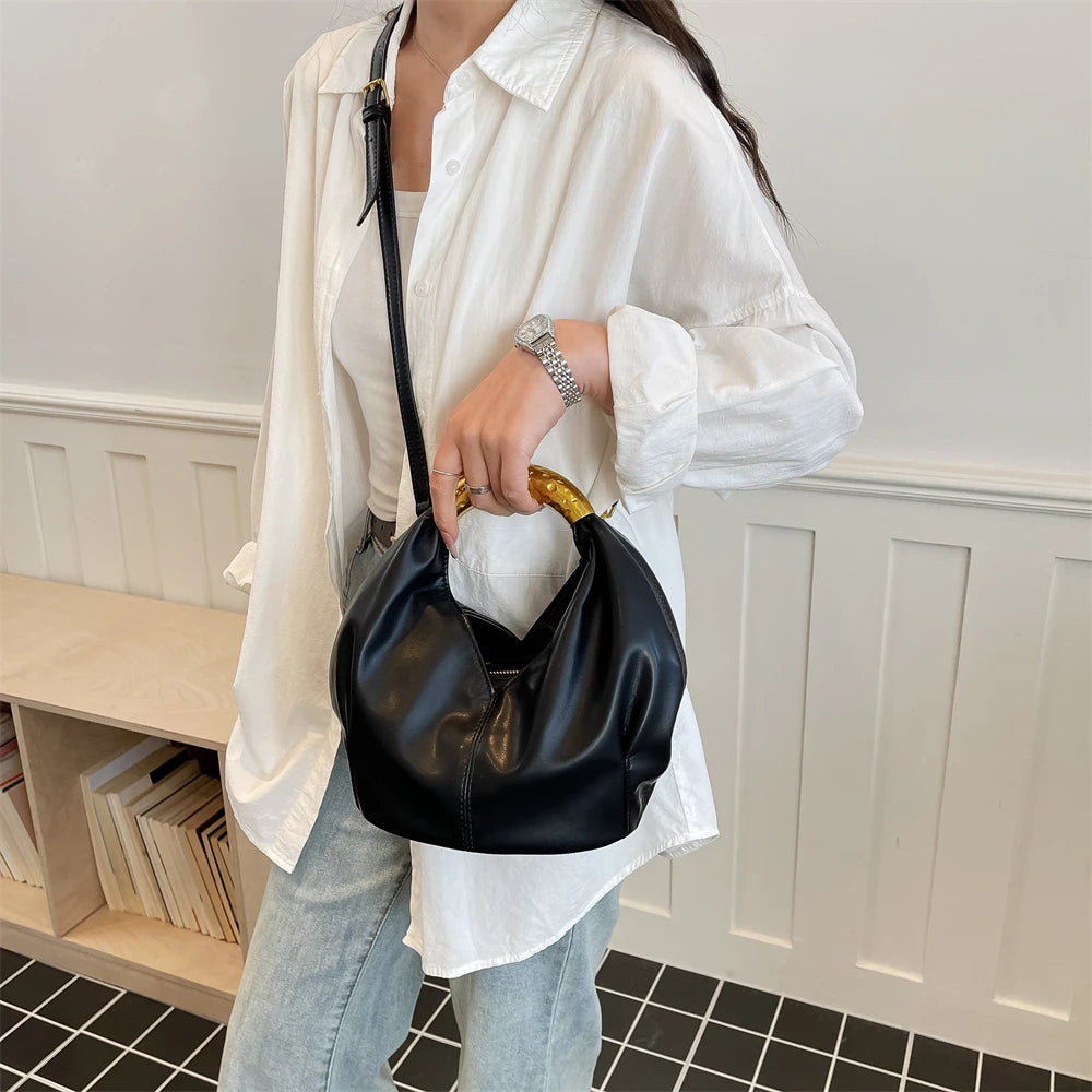 MOODS Retro Gold Ring Handle Women Hobo Bag Soft Vegan Leather Shoulder Crossbody Purse Elegant Luxury Handbag For Evening Party