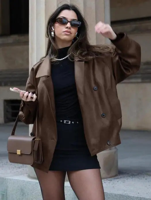 Burgundy Lapel Leather Short Coat Women Vintage Zipper Long Sleeve Bomber Jacket Lady New Autumn Fashion Casual Street Outerwear
