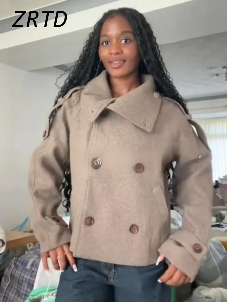 Elegant Women's Short Woolen Coats Stand Collar Double Breasted Long Sleeve Female Jacket 2026 Autumn Winter Lady Warm Outwear