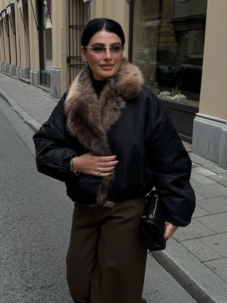 Fashion Faux Fur Collar Bomber Jacket For Women 2026 Autumn Winter Long Sleeve Coats Elegant Lady Chic High Street Outerwear