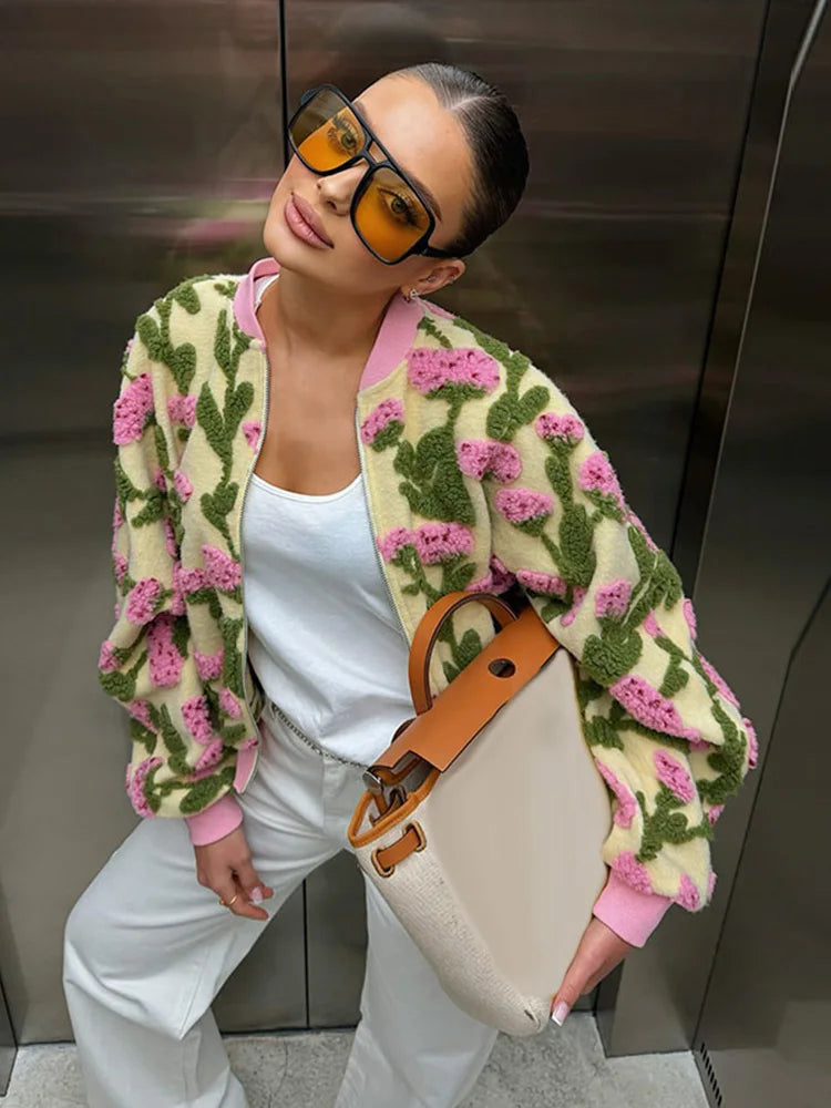 3D Floral Bomber Jacket Coat Women Fashion Lapel Neck Long Sleeve Zipper Loose Outerwear Female Spring Chic Casual Jackets Wear