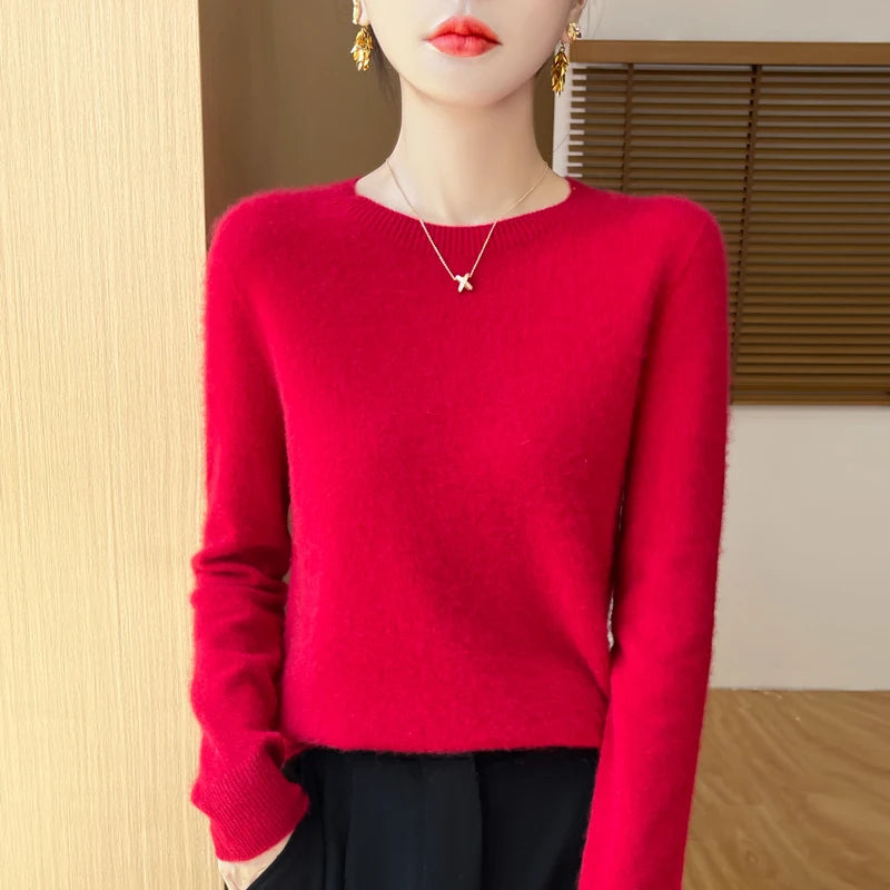 100% Merino solid color sweater ladies autumn and winter new solid color O-neck long sleeve warm fashion loose knit sweater