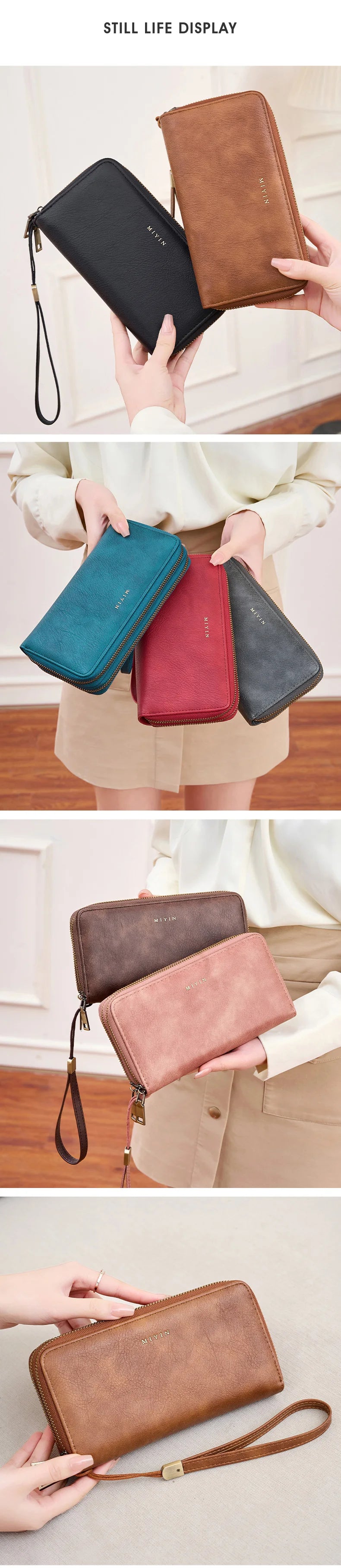 NEW RFID Blocking Vintage Large Capacity Double-Zipper Wallet Stylish Handbag Women'S with Multiple Card Slots and Phone Holder