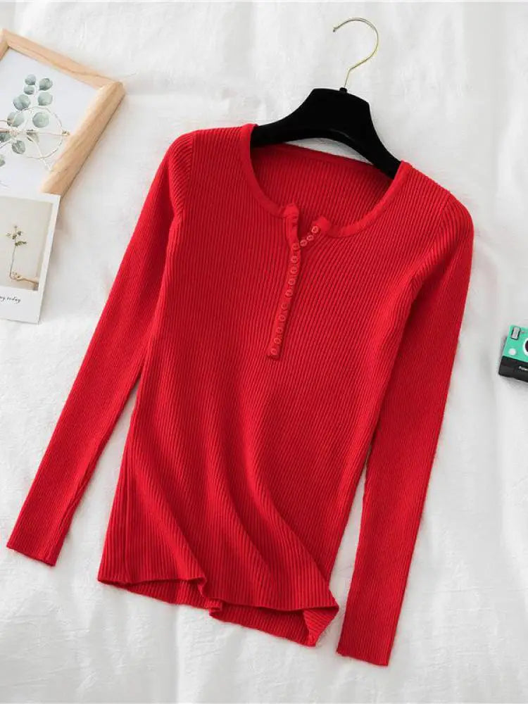 2026 Autumn Winter Button V Neck Sweater Women Basic Slim Pullover Women Sweaters And Pullovers Knit Jumper Soft Warm Tops