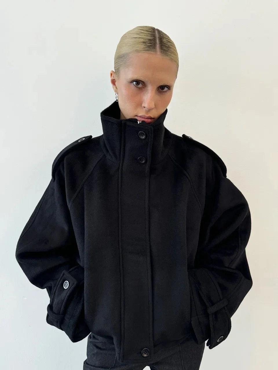 Elegant Women's Short Woolen Coats Stand Collar Double Breasted Long Sleeve Female Jacket 2026 Autumn Winter Lady Warm Outwear
