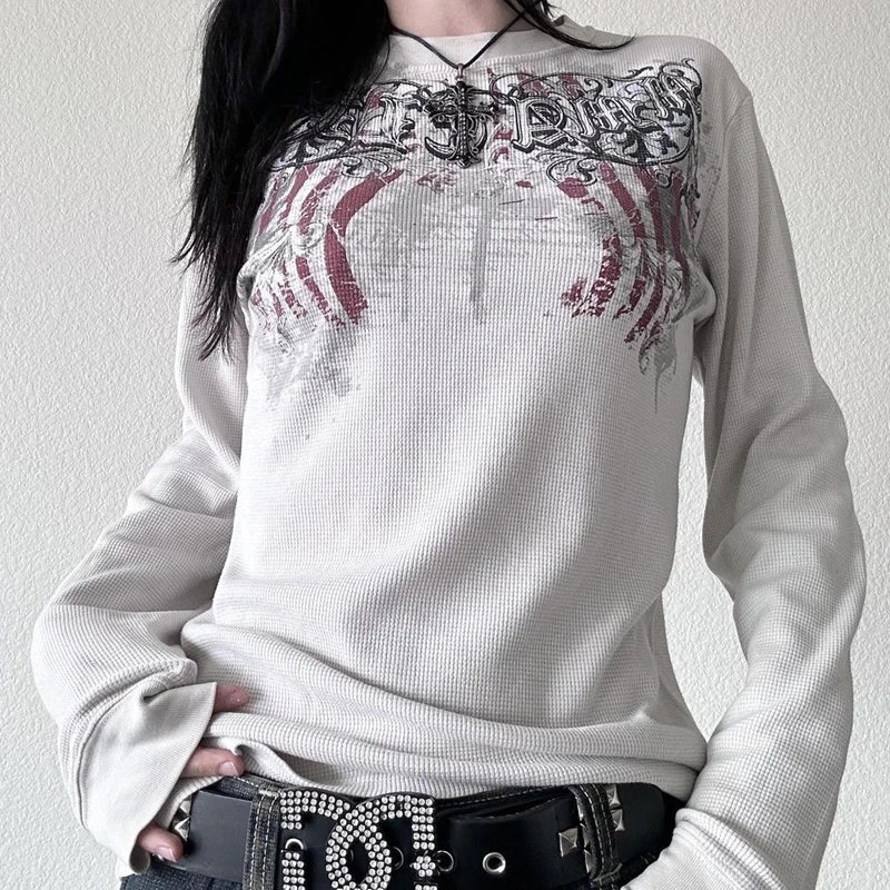 Y2K Skull Graphic Long Sleeve Top