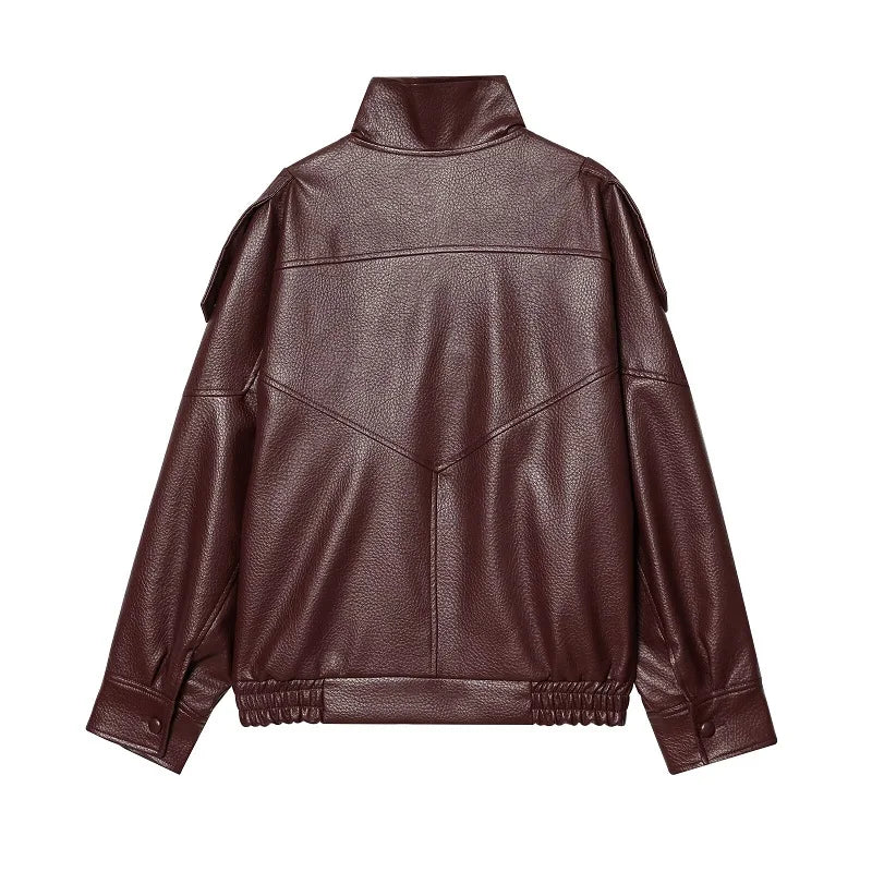 Oversized Faux Leather Bomber Jacket