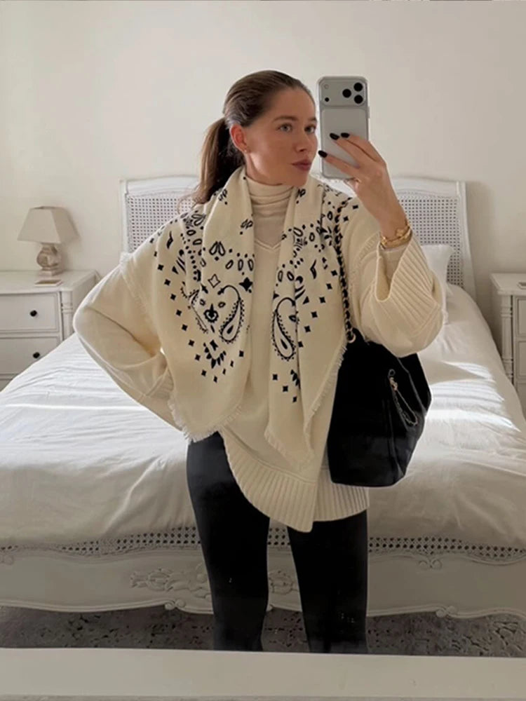 Paisley Print Knit Sweater Jacket Women Stand Collar Raglan Sleeve Zip Up Front Pocket Cardigan 2026 Autumn Retro Loose Jackets