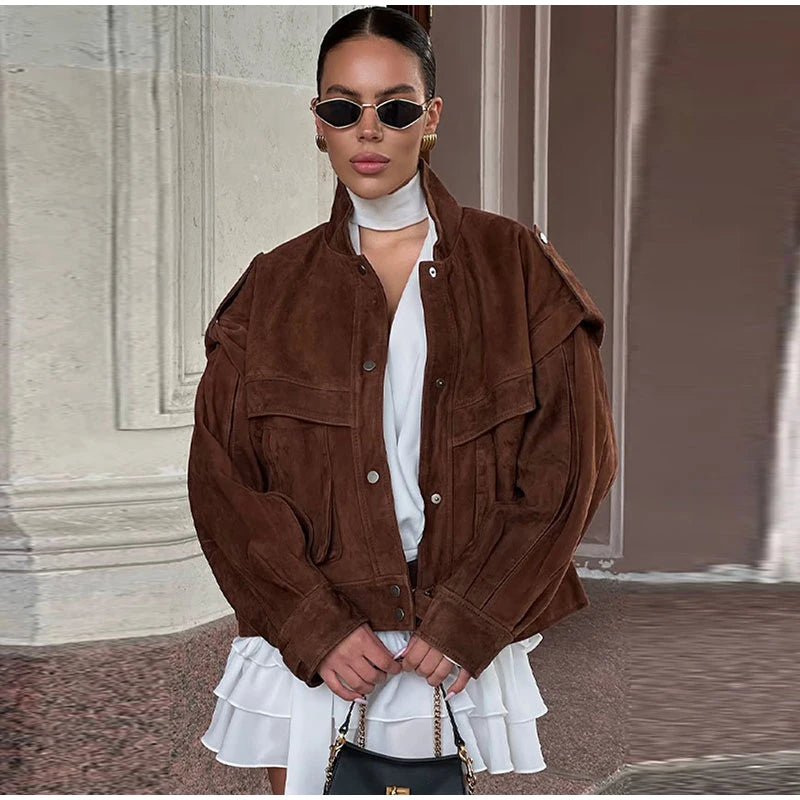 Vintage Women's Brown Suede Jackets Casual Loose Lapel Zipper Pockets Long Sleeve Female Coats 2025 Autumn Lady Commute Outwear