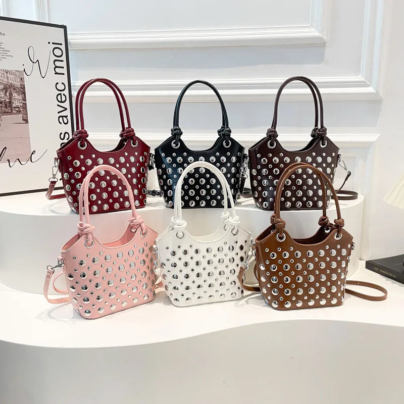 Rivet Shoulder Bags American Style PU Leather Tote Bag Large Capacity Commuting Handbag Messenger Causal Crossbody Commuter Bag
