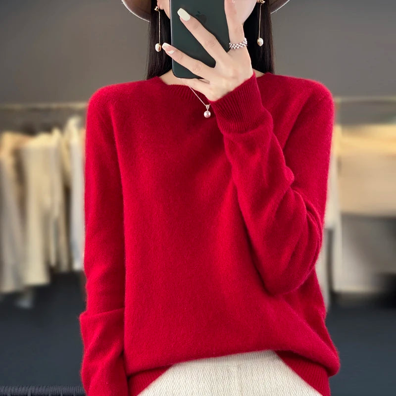 100% Merino solid color sweater ladies autumn and winter new solid color O-neck long sleeve warm fashion loose knit sweater
