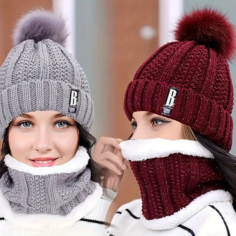 Knitted Hat Set Winter Warm Skull Hat Thick Plush Windproof Anti-Cold Women Casual Snow Hats Beanie