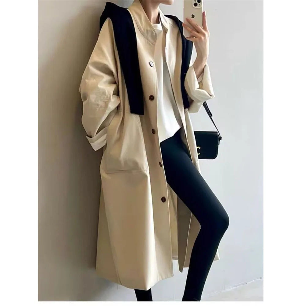 Spring and Autumn Standing Collar Mid Length Trench Coat Women's Loose Casual Slimming Coat Flip Collar single Breasted Jackets