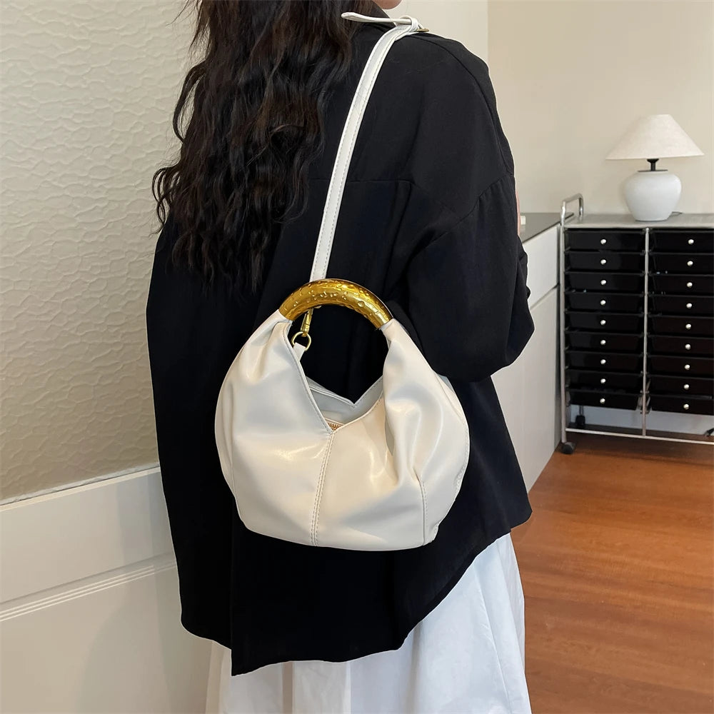 MOODS Retro Gold Ring Handle Women Hobo Bag Soft Vegan Leather Shoulder Crossbody Purse Elegant Luxury Handbag For Evening Party