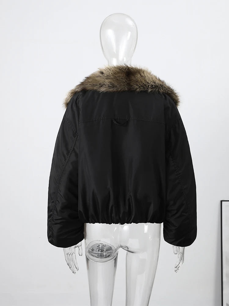 Fashion Faux Fur Collar Bomber Jacket For Women 2026 Autumn Winter Long Sleeve Coats Elegant Lady Chic High Street Outerwear