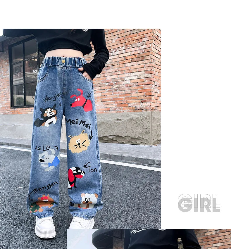 New 2024 Teenage Girls Blue Street Cartoon Print Elastic Mid Waist Loose Denim Jeans Spring Fashion Children Cute Wide Leg Pants