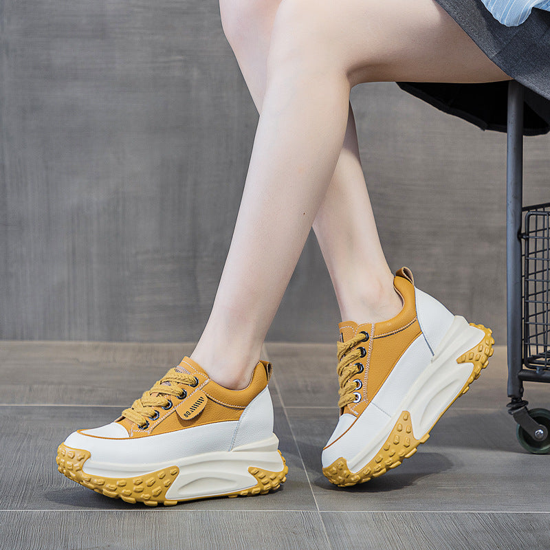 Fujin 3 inch 7cm Genuine Leather Platform Wedge Fashion Women fall winter Chunky Sneakers Heel Shoes Breathable Comfortable