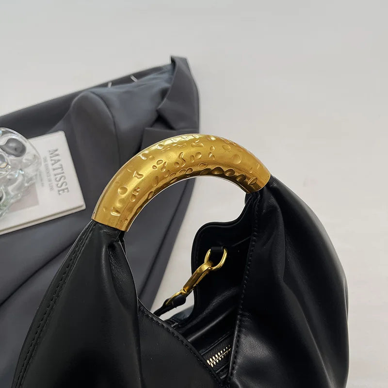 MOODS Retro Gold Ring Handle Women Hobo Bag Soft Vegan Leather Shoulder Crossbody Purse Elegant Luxury Handbag For Evening Party