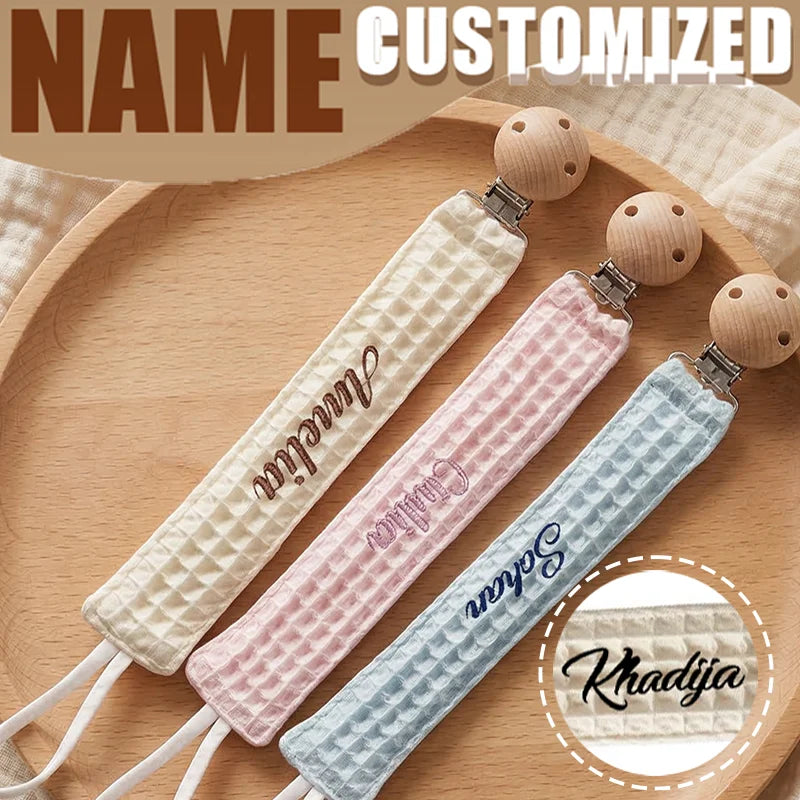 Custom Name Pacifier Clip Holder Personalized Fabric Pacifier Clip with Wooden Clip Hand Embroiered Name Baby Shower Gift