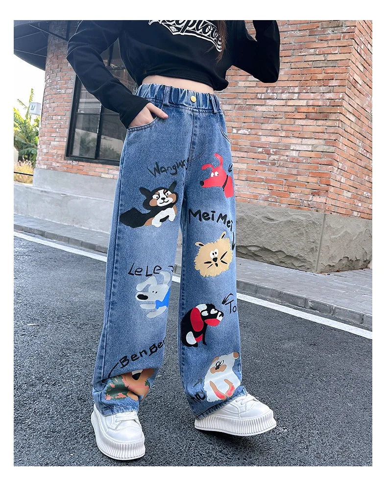 New 2024 Teenage Girls Blue Street Cartoon Print Elastic Mid Waist Loose Denim Jeans Spring Fashion Children Cute Wide Leg Pants