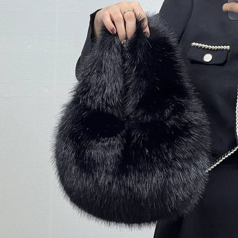 Women's Winter Casual Furry Shoulder Bag Soft Plush Solid Color Clutch Purse Lightweight Female Hobos Handbag