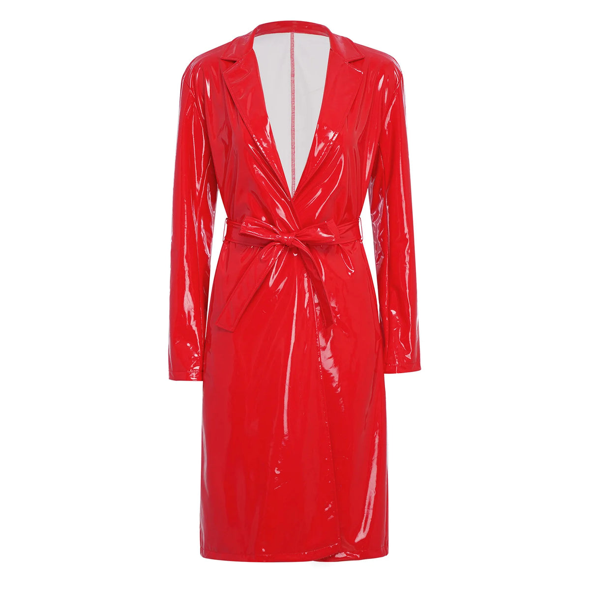 Adults Womens Long Trench Coat Blazer Clubwear Lapel Glossy Open Front PU Leather Long Jackets with Belt Overcoat Streetwear