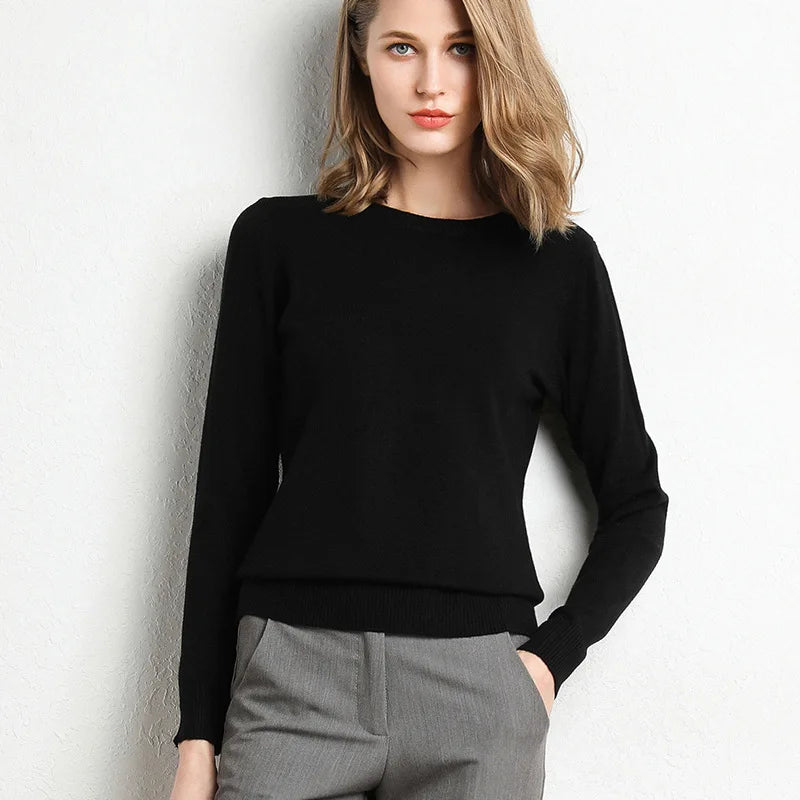 Women Slim ONeck Solid Pullover Cashmere Wool Blending Sweater Autumn And Winter Long-Sleeved Knit Bottoming Shirt Large Size