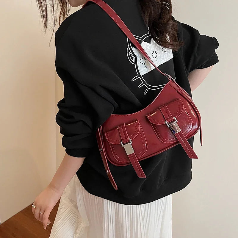 Ladies Shoulder Crossbody Bags PU Leather Women Underarm Bags Solid Color Small Top-handle Bags Purse Female Daily Handbags