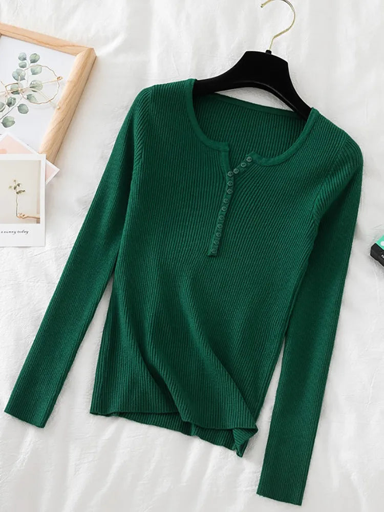 2026 Autumn Winter Button V Neck Sweater Women Basic Slim Pullover Women Sweaters And Pullovers Knit Jumper Soft Warm Tops
