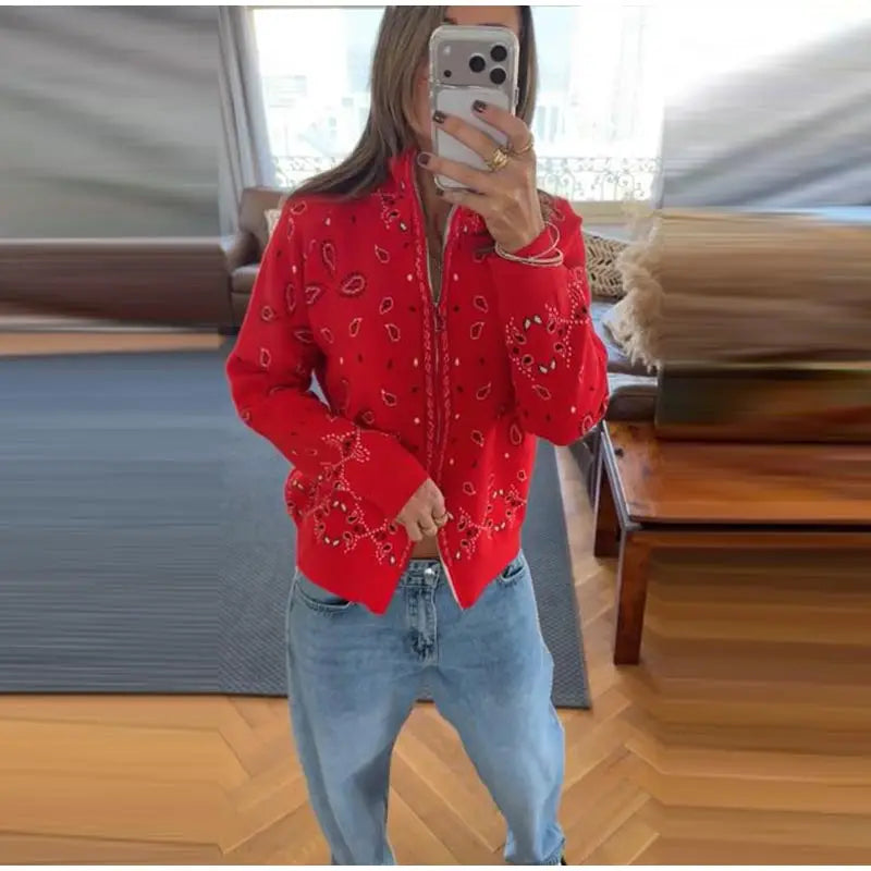 Paisley Print Knit Sweater Jacket Women Stand Collar Raglan Sleeve Zip Up Front Pocket Cardigan 2026 Autumn Retro Loose Jackets