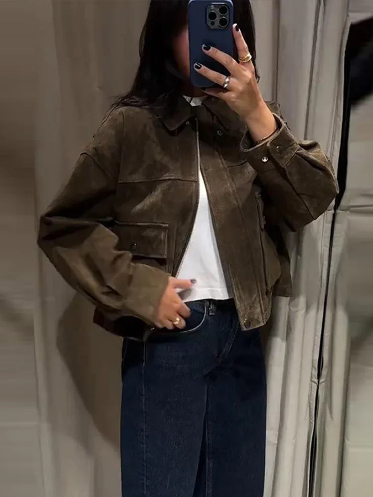 Vintage Women's Brown Suede Jackets Casual Loose Lapel Zipper Pockets Long Sleeve Female Coats 2025 Autumn Lady Commute Outwear