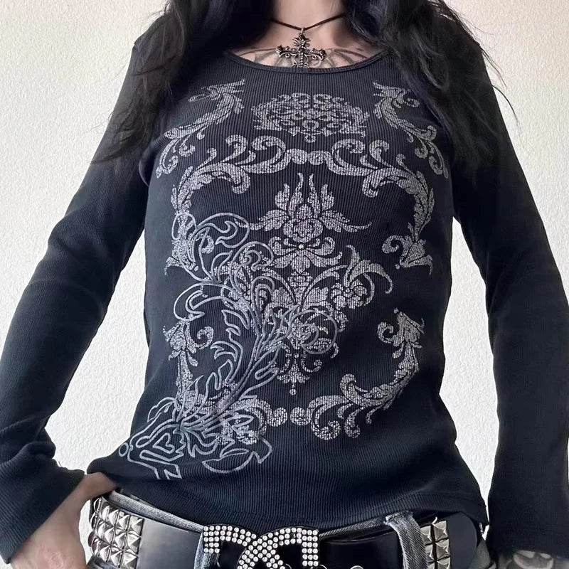 Y2K Skull Graphic Long Sleeve Top